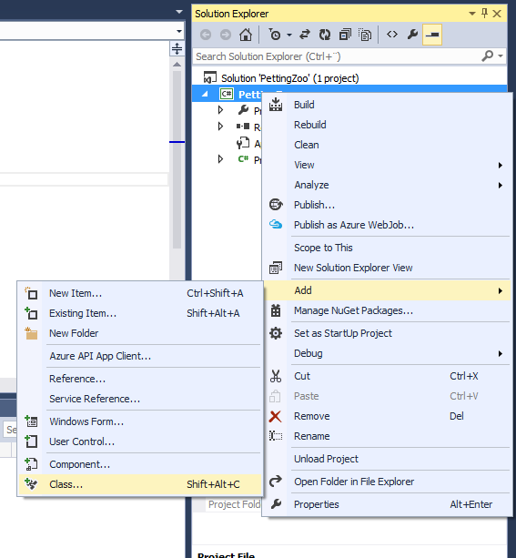 Figure 2: Adding a Class with Solution Explorer
