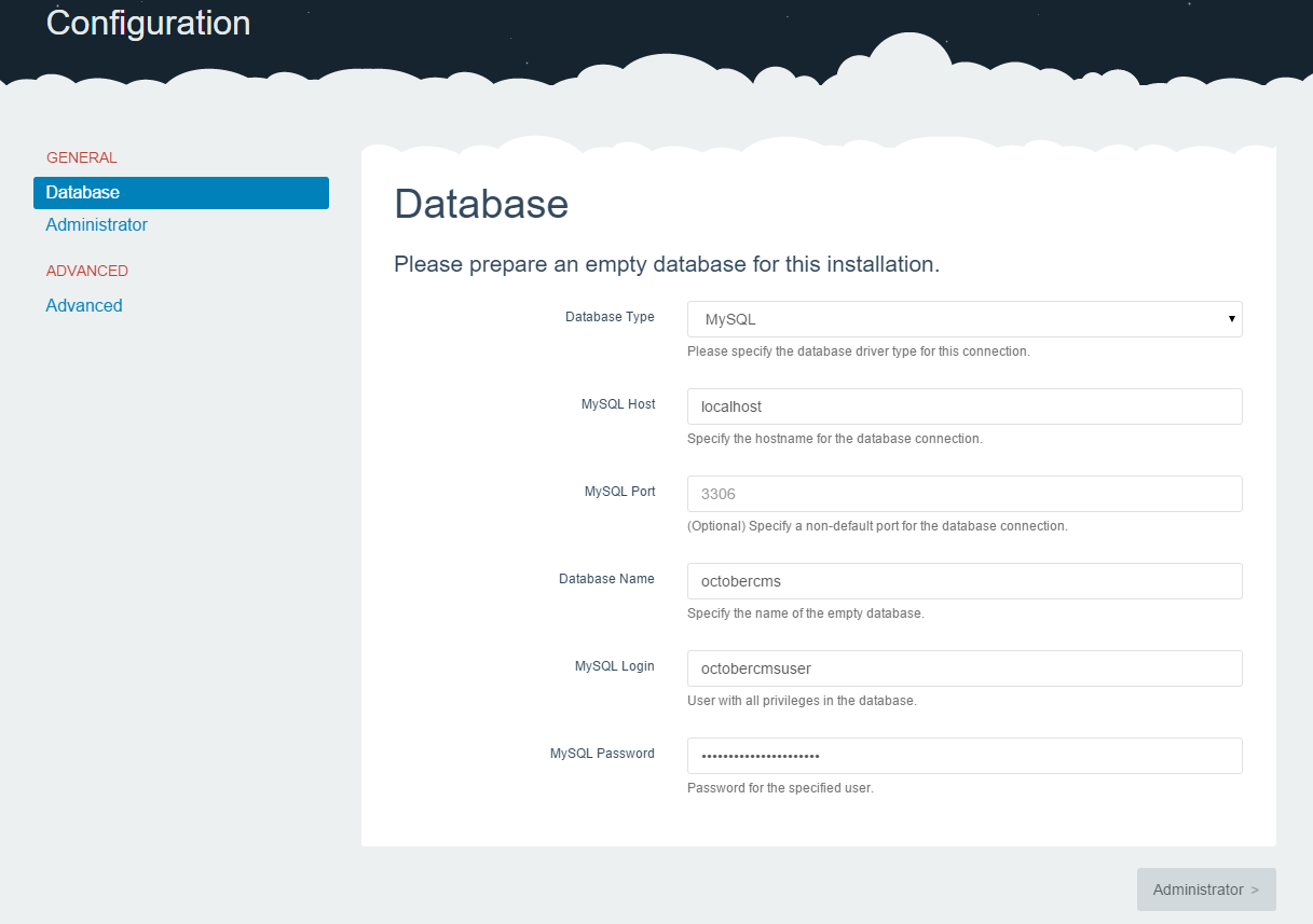 Enter in the database information that you set up earlier
