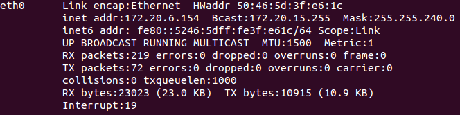 An example of ifconfig showing the IP address of 172.20.6.154