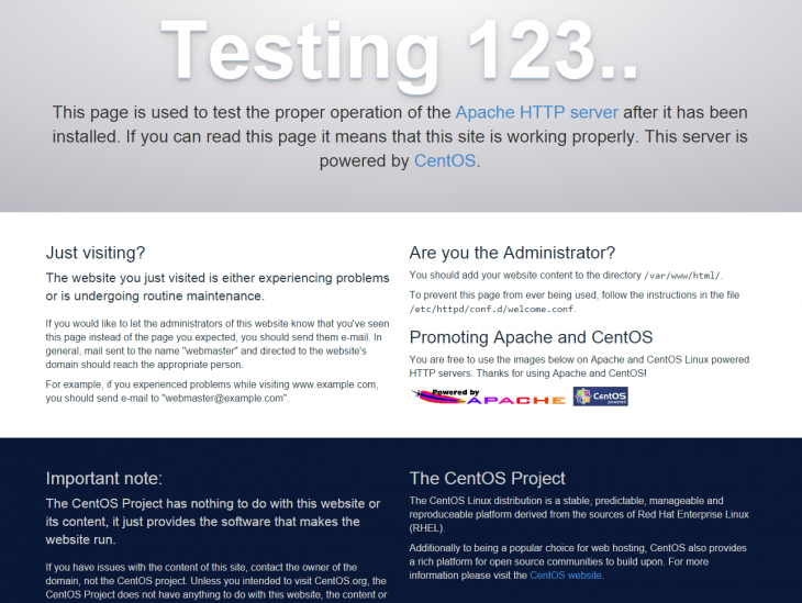 The default web page when installing Apache on CentOS 7