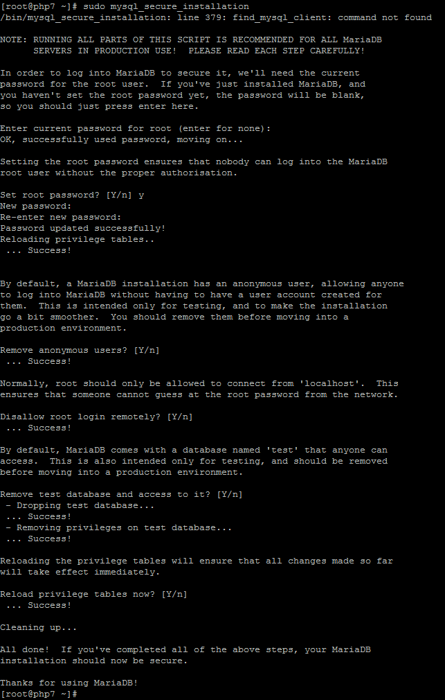 An example of the MySQL Secure Installation.