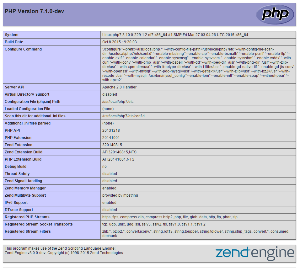 An example of what the info.php file produces using PHP7