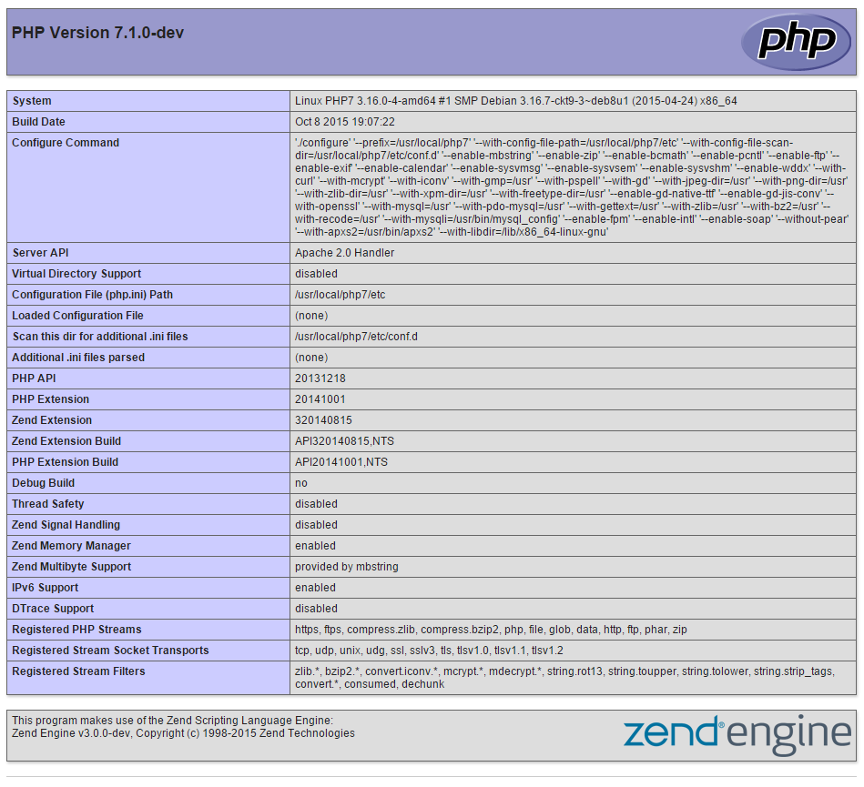 The result of the php.info file you made, using PHP7