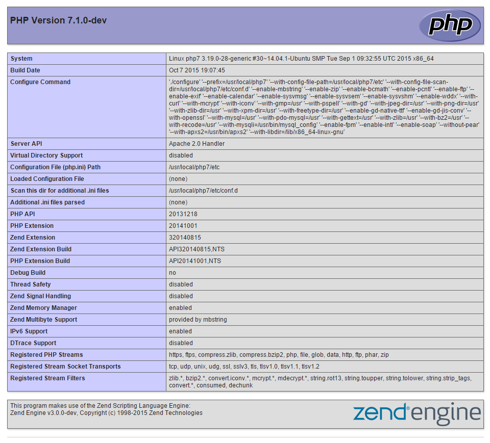 The result of the php.info file you made, using PHP7