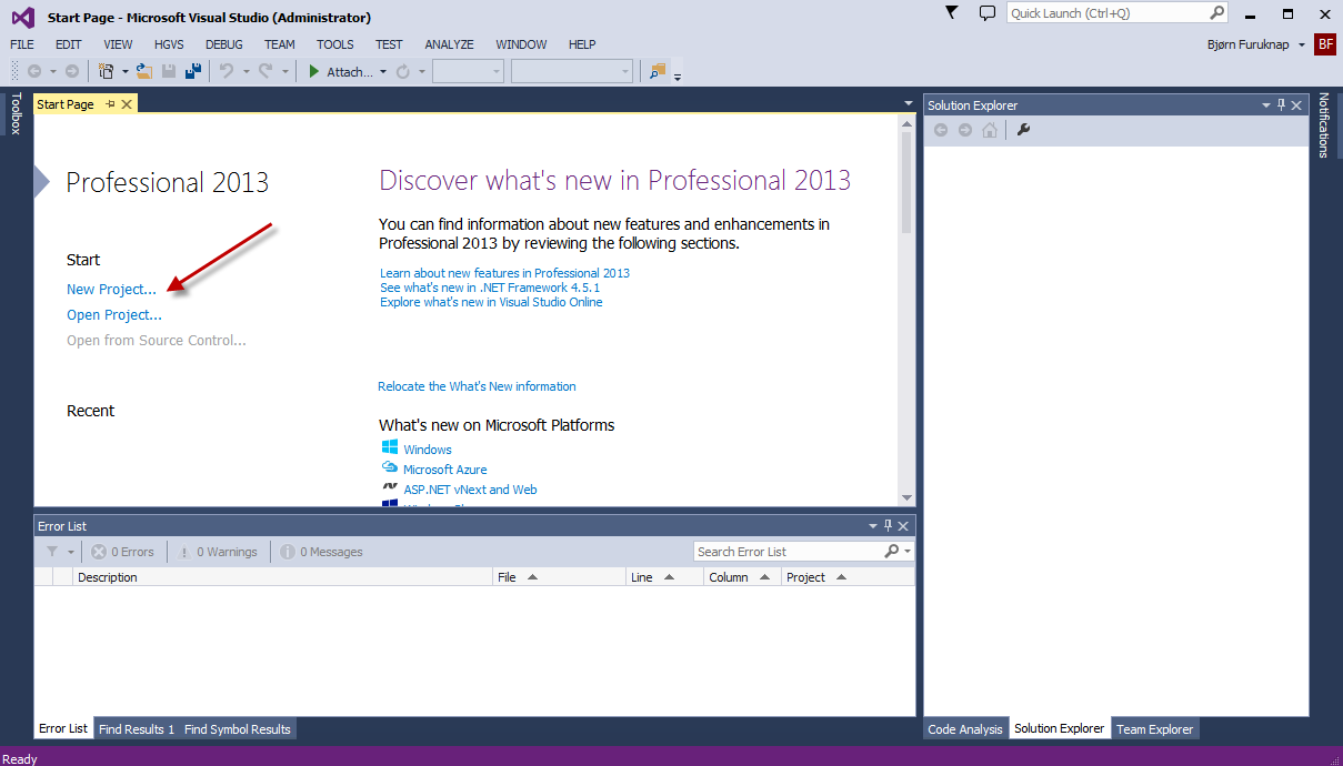 Figure 1: New Project Link in Visual Studio