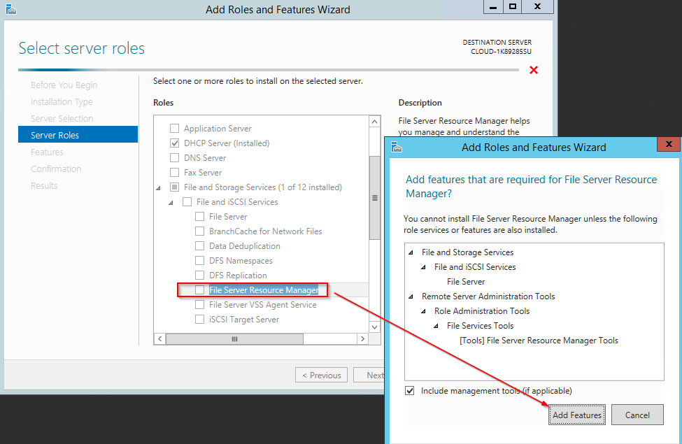 Under Select Server Roles select Files Server Resouce Manager and add features.