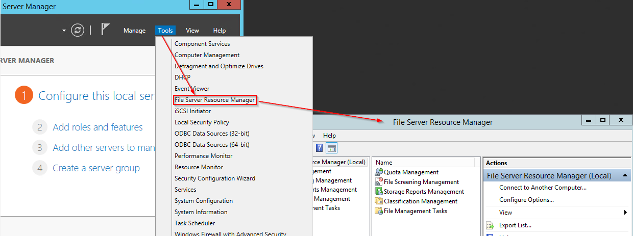 Acesss the File Server Resource Manager through Server manager Tools