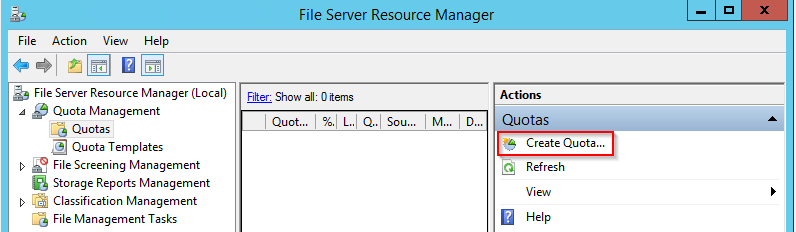 Under File Server Resource Manager expand “Quota Management”, select “Create Quota” as seen below.
