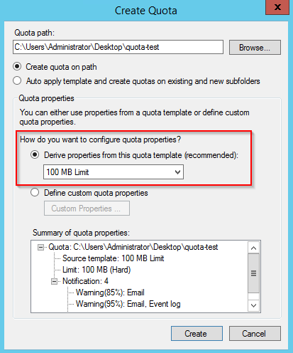 Select a quota template or create your own.
