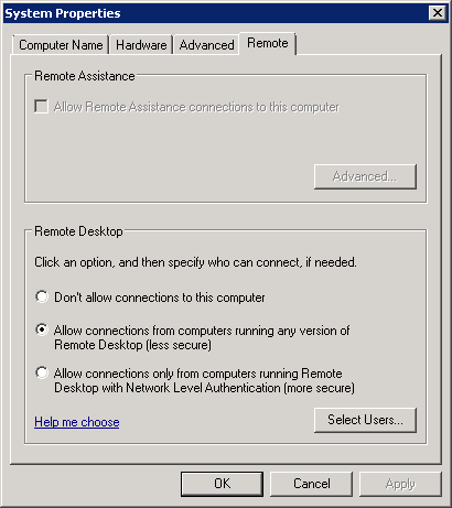 habilitando a área de trabalho remota universal no servidor Windows '08 r2