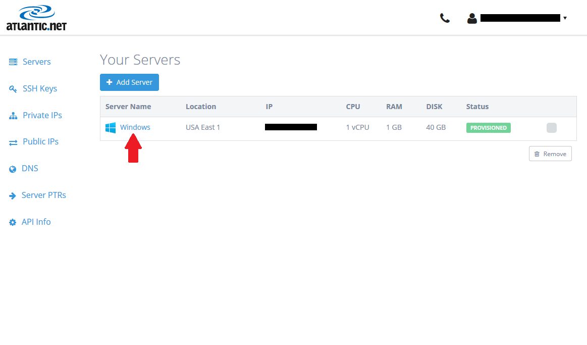 Select Cloud server to manage