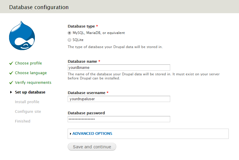 Enter in your Database information that you set up earlier