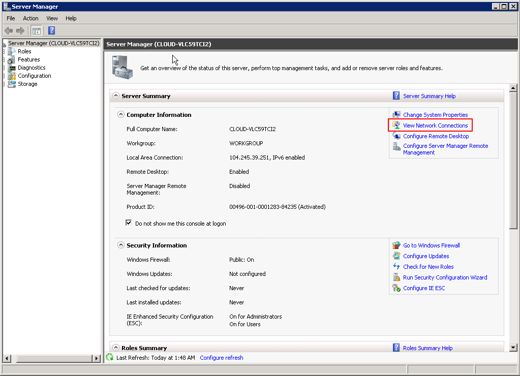 In server manager select view network connections.