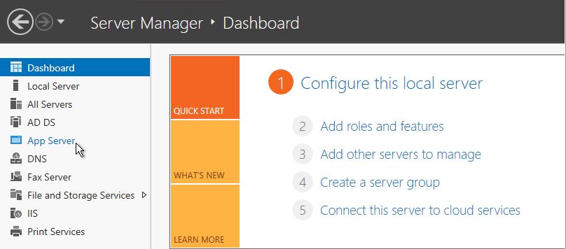 Verify that App Sever has appeared in the server manager dashboard