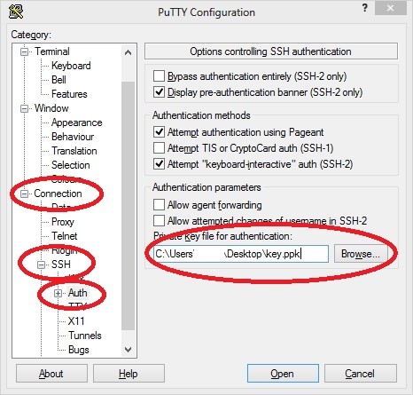 In Your PuTTY Configuration select Connection, then SSH, and Auth. Under Authentication parameters browse to the location fo your Private Key file.