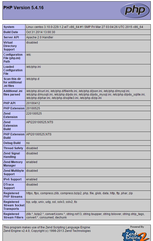 A default php.info web page that shows when PHP is installed on CentOS 7
