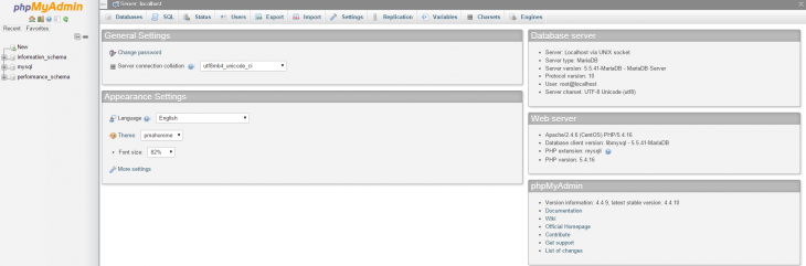 An example of the phpMyAdmin default page.