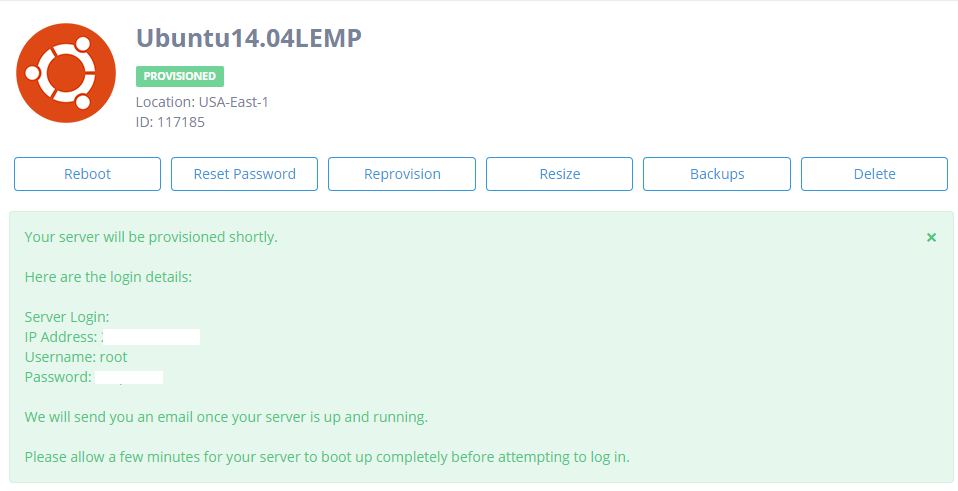 Newly provisioned Server details