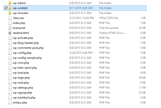 List of files in WordPress root directory