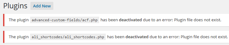 Disable plugin error example in WordPress Admin
