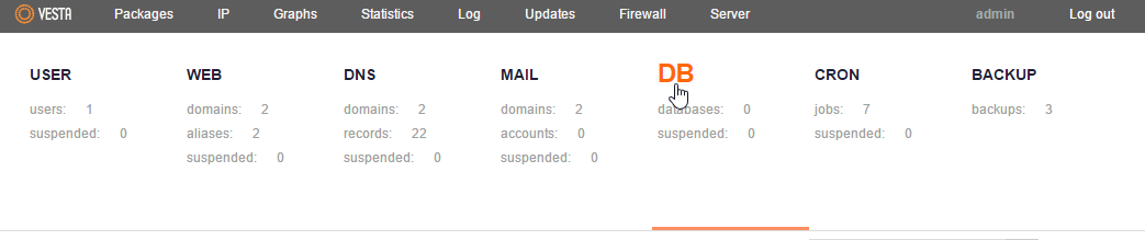 Click DB on the top part of the Vesta dashboard.
