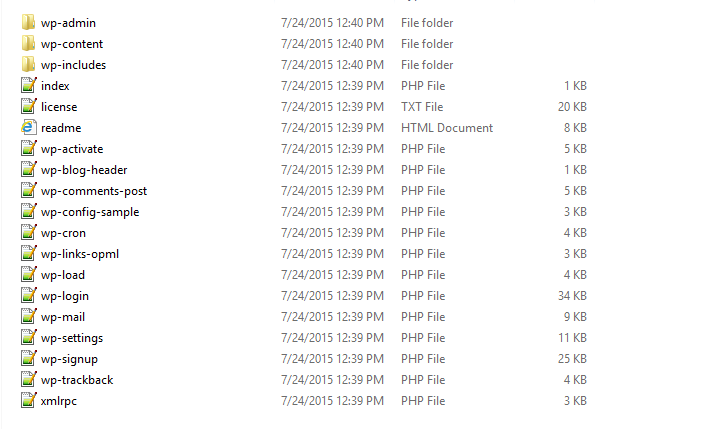 An example of the WordPress files after extraction