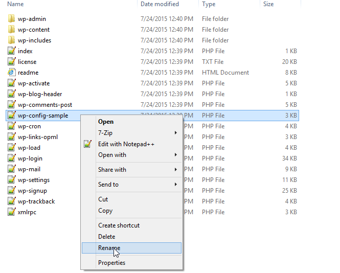 Click rename on the file name wp-config-sample