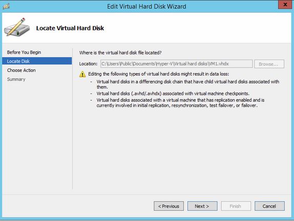 This is the virtual Hard Drive Wizard screen while Expanding a VM Hard Disk in Hyper-V 2012