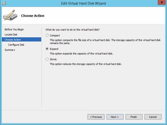 Selecting the Expand option Wizard screen while on the Actions options to Expand a VM Hard Disk in Hyper-V 2012