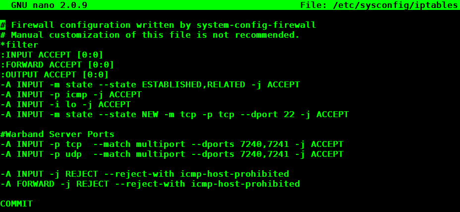 An example of the iptables file after adding the additional rules.