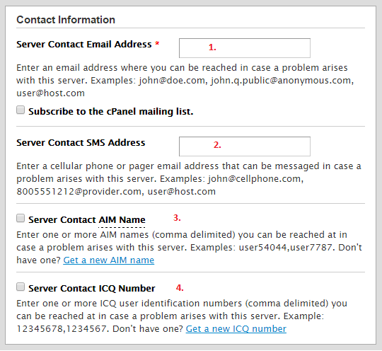 Fill in Contact information, SMS address, AIM Name and ICQ Number accordingly.