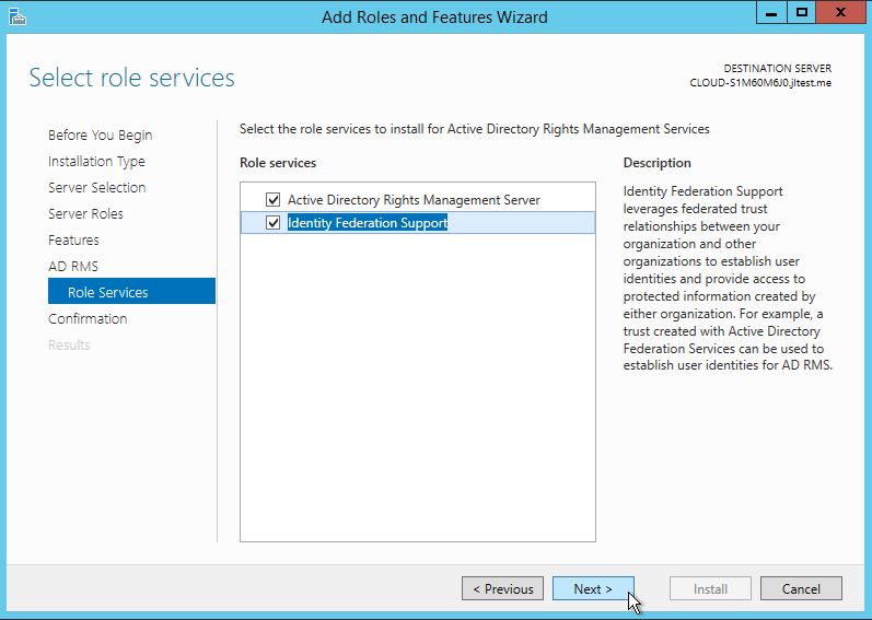 Under AD RMS Role Services select Active Directory Rights Management Server and Identity Federation Support.