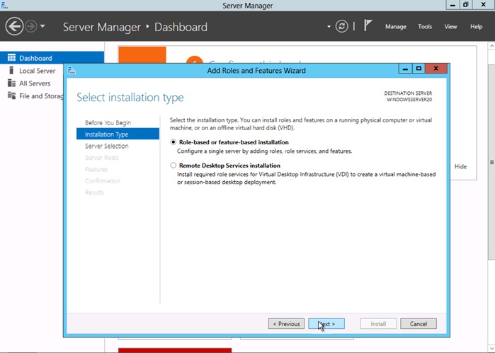 Select Roles-based or feature-based installation