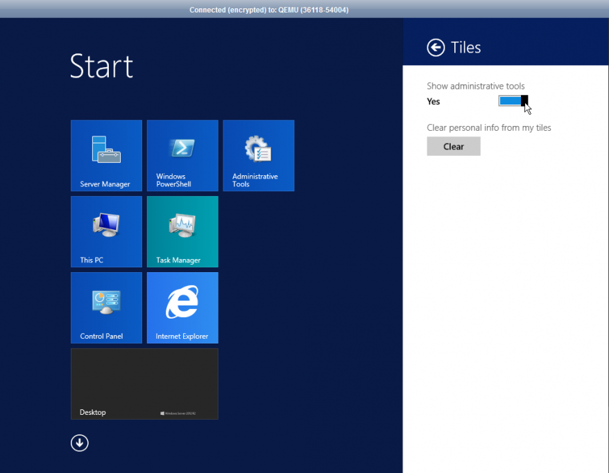Move your mouse to the upper right corner of the screen, and click on the Settings icon. When the settings page appears, click on the Tiles link. As you can see below, there is a slide bar that you can use to control whether or not the administrative tools are shown on the start screen.