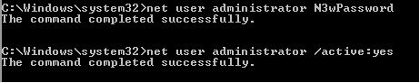 This is the output that you will see after running the change administrator password and enabling the account