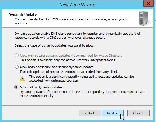 Select the do not allow Dynamic Updates option while Configuring DNS in Windows Server 2012