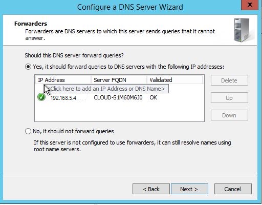 Select one of the options to configure forwarders when Configuring DNS in Windows Server 2012