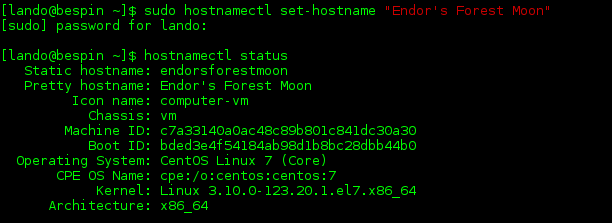 An example of the hostnamectl set-hostname and hostnamectl command