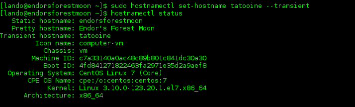 An example of the sudo hostnamectl set-hostname tatooine --transient command