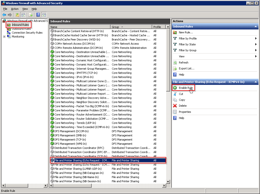 Once opened, click on Inbound Rules at the top left. Scroll down and select File and Printer Sharing (Echo Request - ICMPv4 - In). Once selected, click on Enable Rule. /></noscript>
<p>When the rules are enabled, you will now be able to ping your server IP address. Come back and check for new updates.</p>
<p> </p>
<p>Learn more about our <a href=