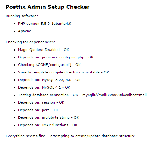 Postfix Admin setup checker output