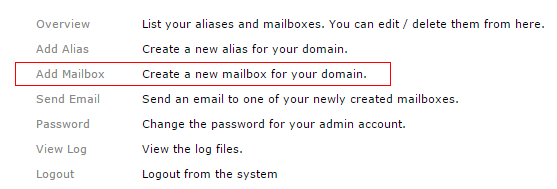 Postfix Admin Add Mailbox option