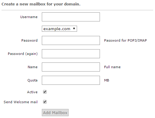 Creating a new mailbox in Postfix Admin