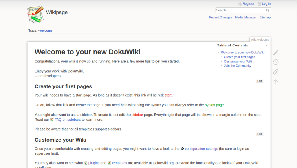 Dokuwiki welcome screen