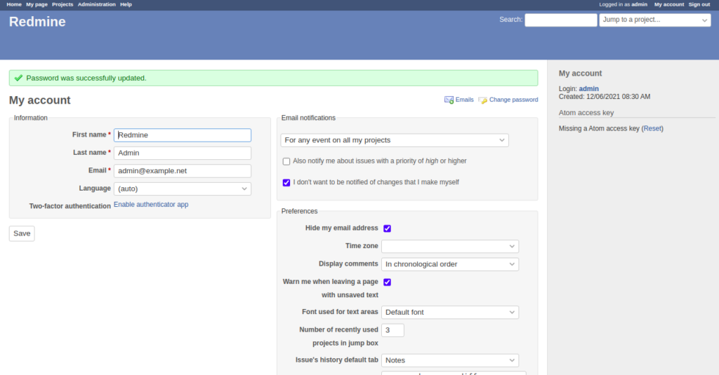 Redmine dashboard page