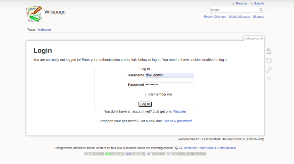 Dokuwiki Login screen