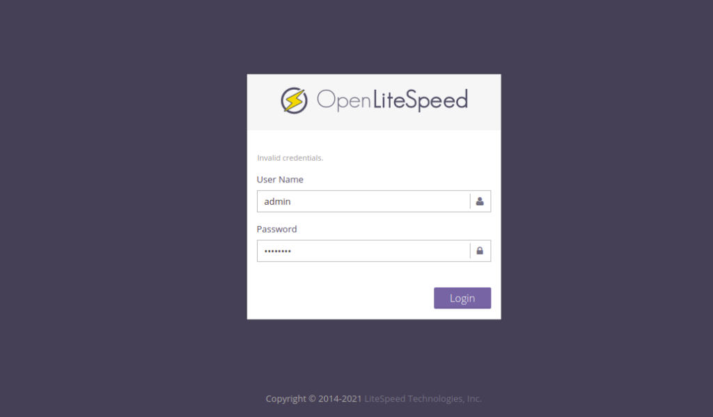 Openlitespeed login Page