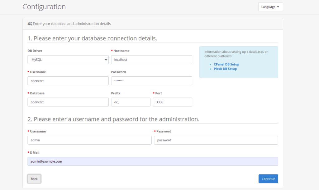 Opencart Database Setup Page