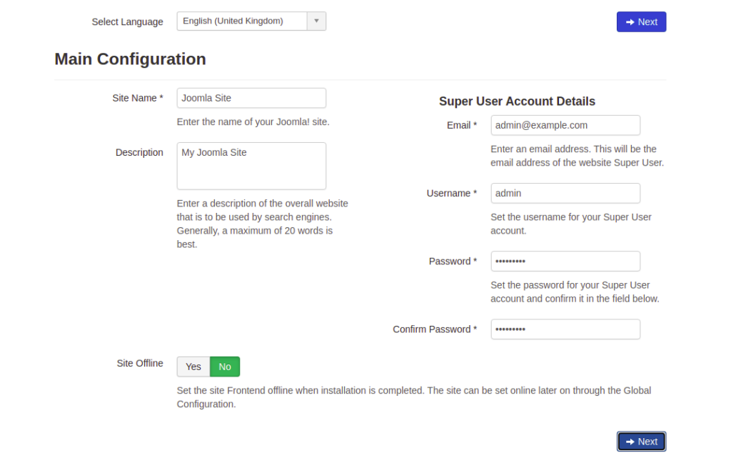 Joomla Site Configuration Page