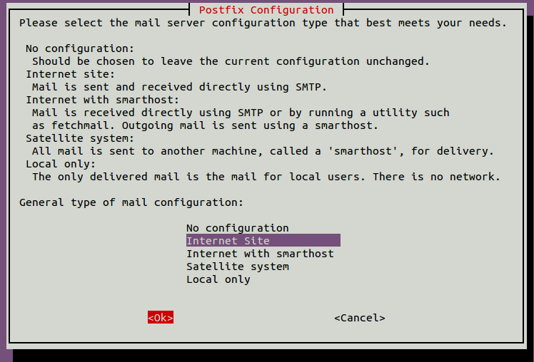 Postfix select internet site